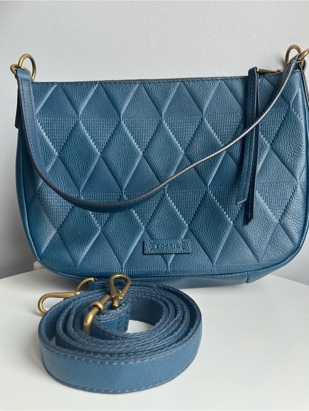 Fossil Teal Blue Leather Shoulder Bag with Removable Strap